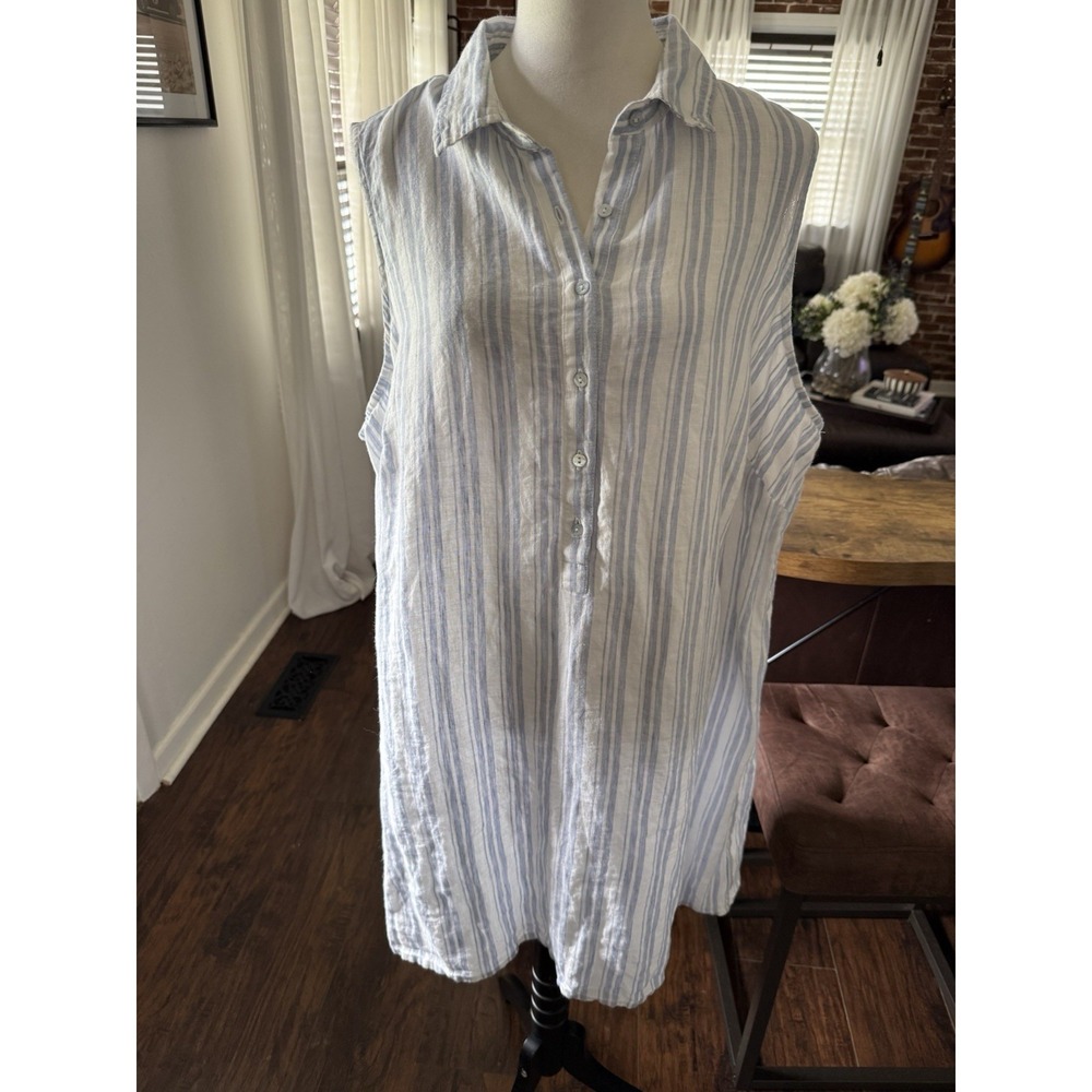Sigrid Olsen Blue White Stripe 100% Linen Shirt Dress Sleeveless 2X  Coastal